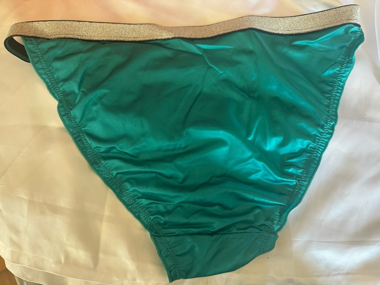 Shiny Green Blue Teal Satin Nylon Silver Sparkle Thick Band Bikini Panties Sz Lg