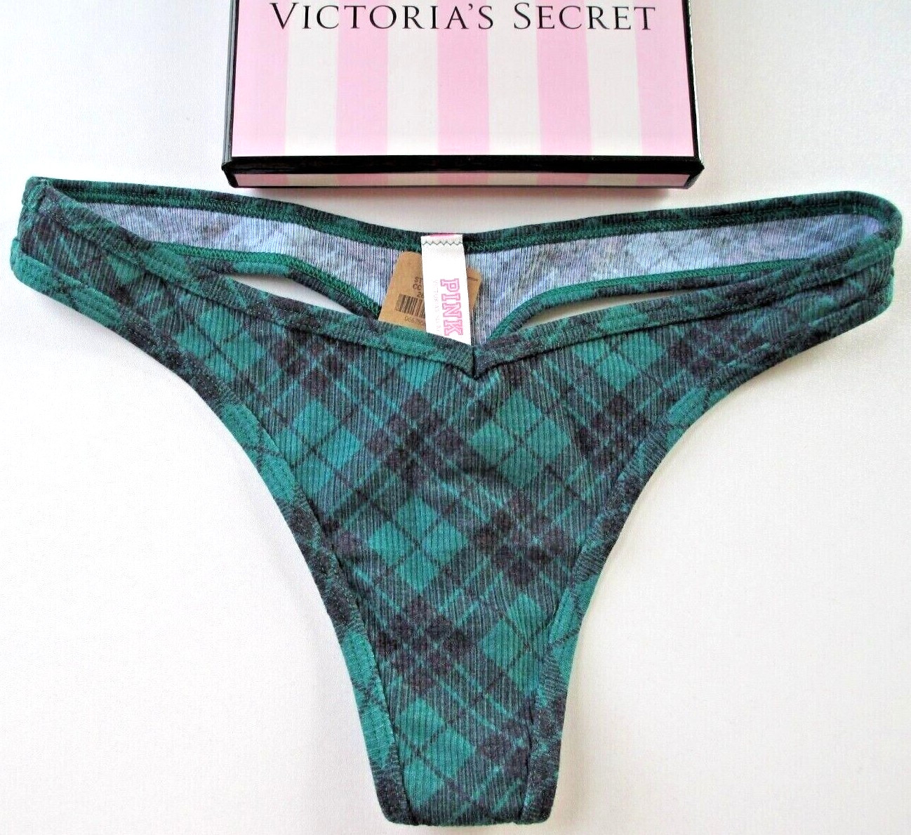 VICTORIA’S SECRET PINK Cotton Rib Thong Panty VS Green Plaid S SMALL NWT