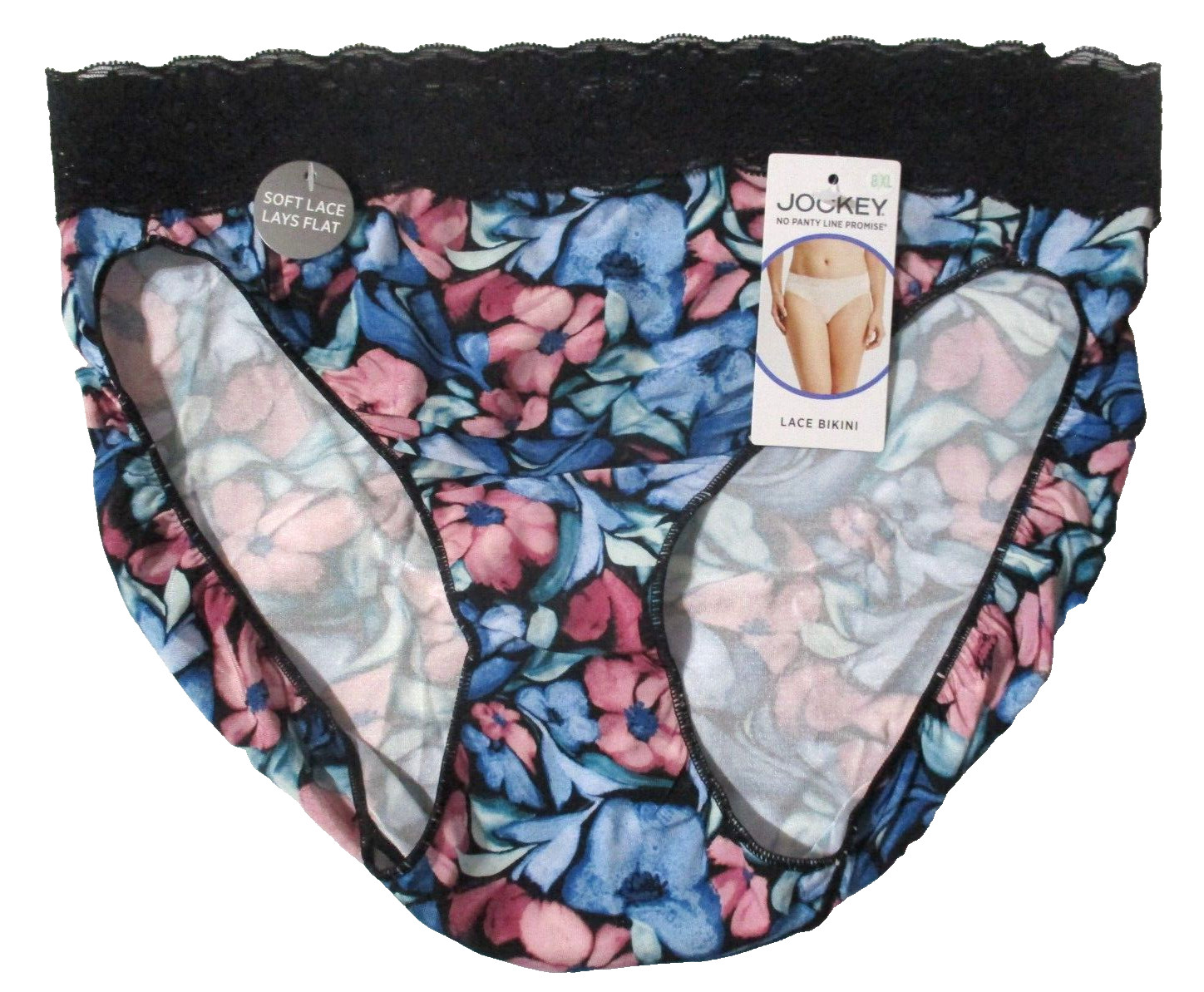 JOCKEY SZ 8 XL LACE BIKINI 1874 TACTEL NO PANTY LINE PROMISE BLUE FLORAL PANTIES