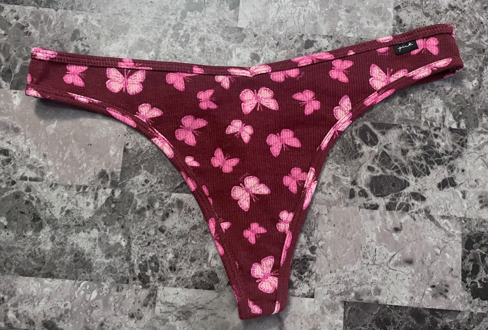 NWOT VICTORIA’S SECRET PINK XL BURGUNDY MAROON BUTTERFLY RIB KNIT THONG PANTIES