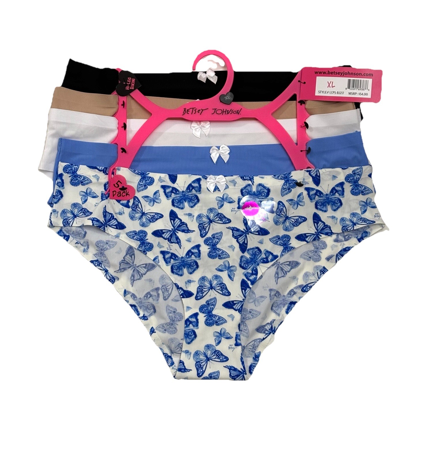 BETSEY JOHNSON HI LEG BIKINI PANTIES XL 5 PACK BUTTERFLY SOLIDS RIBBED COMFY $54