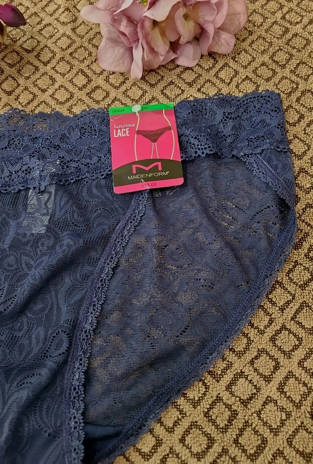 7/L MAIDENFORM Luxurious SeXy Slinky Stretch Lace Blue V Waist Bikini Panty NWT