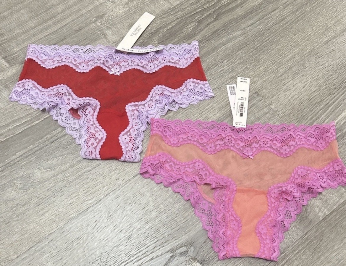 NWT 2 VICTORIA’S SECRET Tease PEACH ORANGE + LILAC MESH LACE BOW CHEEKY PANTIES