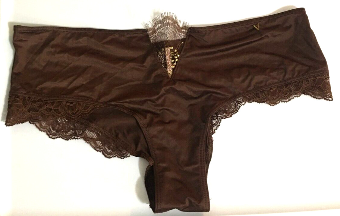 Victoria’s Secret Silky Dark Brown Cheeky Panty Size L Micro Shimmer Lace Inset