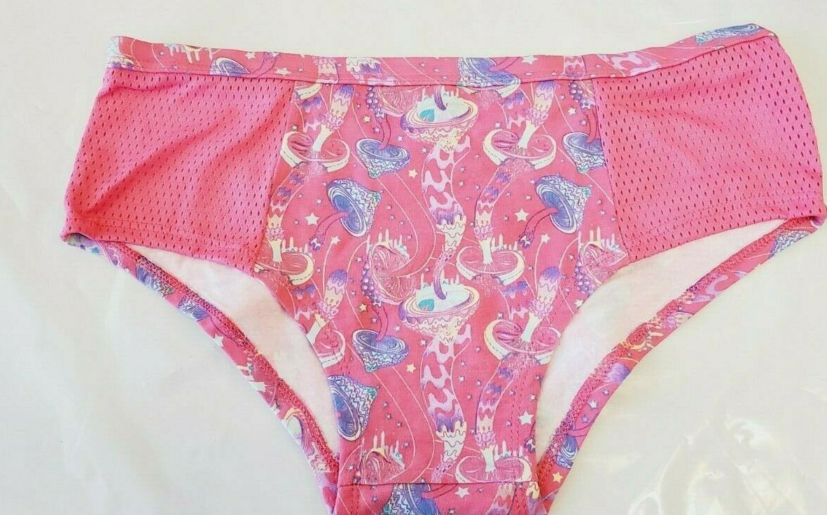 Rue 21 Women’s Bikini Panties MEDIUM Pink W Mushrooms Mesh Front Panels New