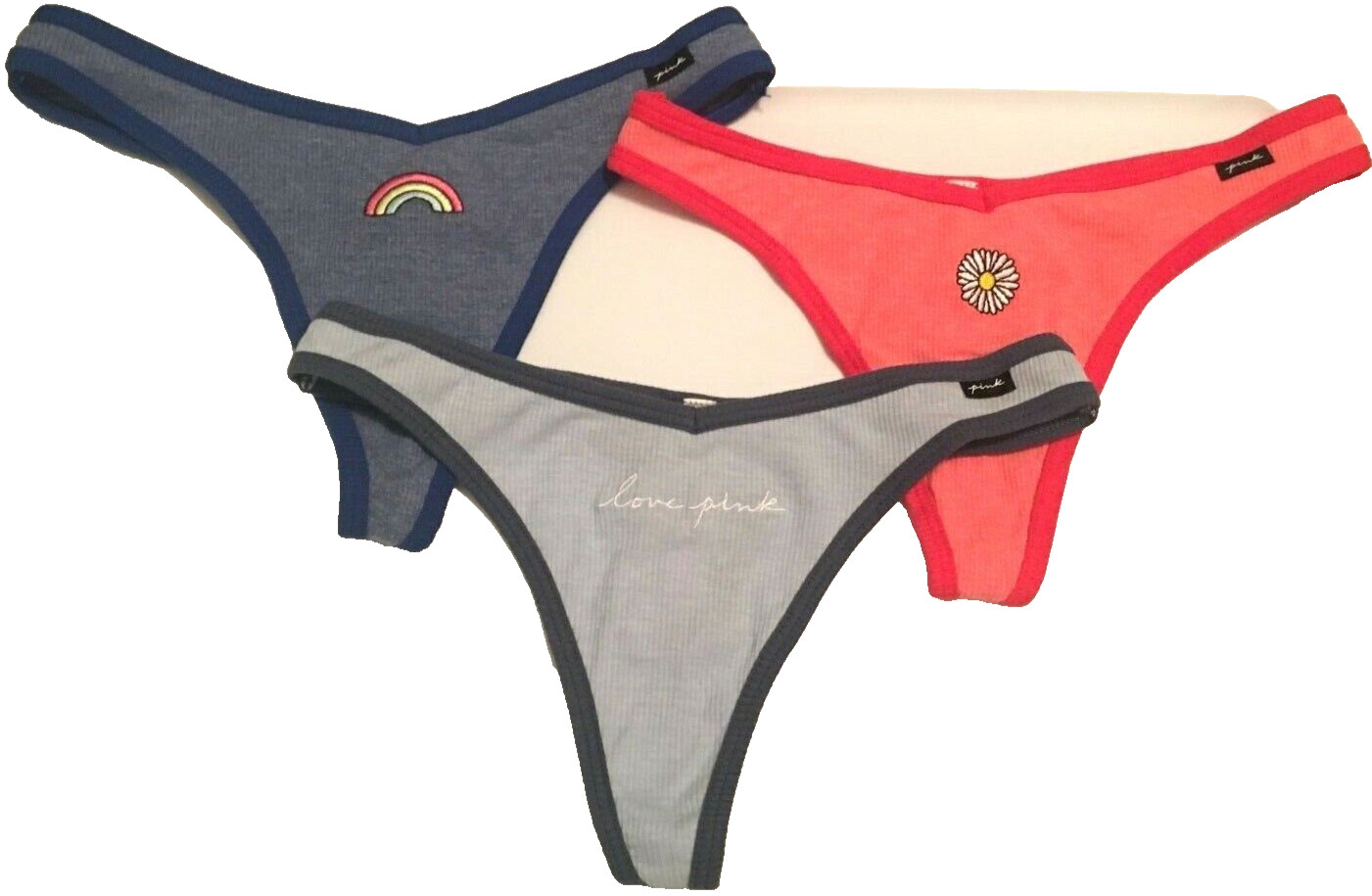 Victorias Secret PINK 3 PCS Thong Panties Size S Embroidered Front Ribbed Cotton