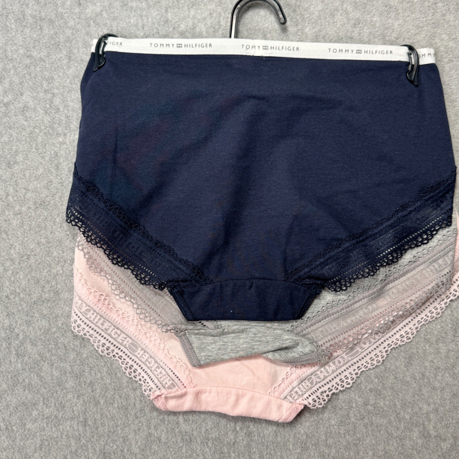 Tommy Hilfiger Womens 3 Pack Cotton Lace Hipster Panties Navy Grey Pink S NEW