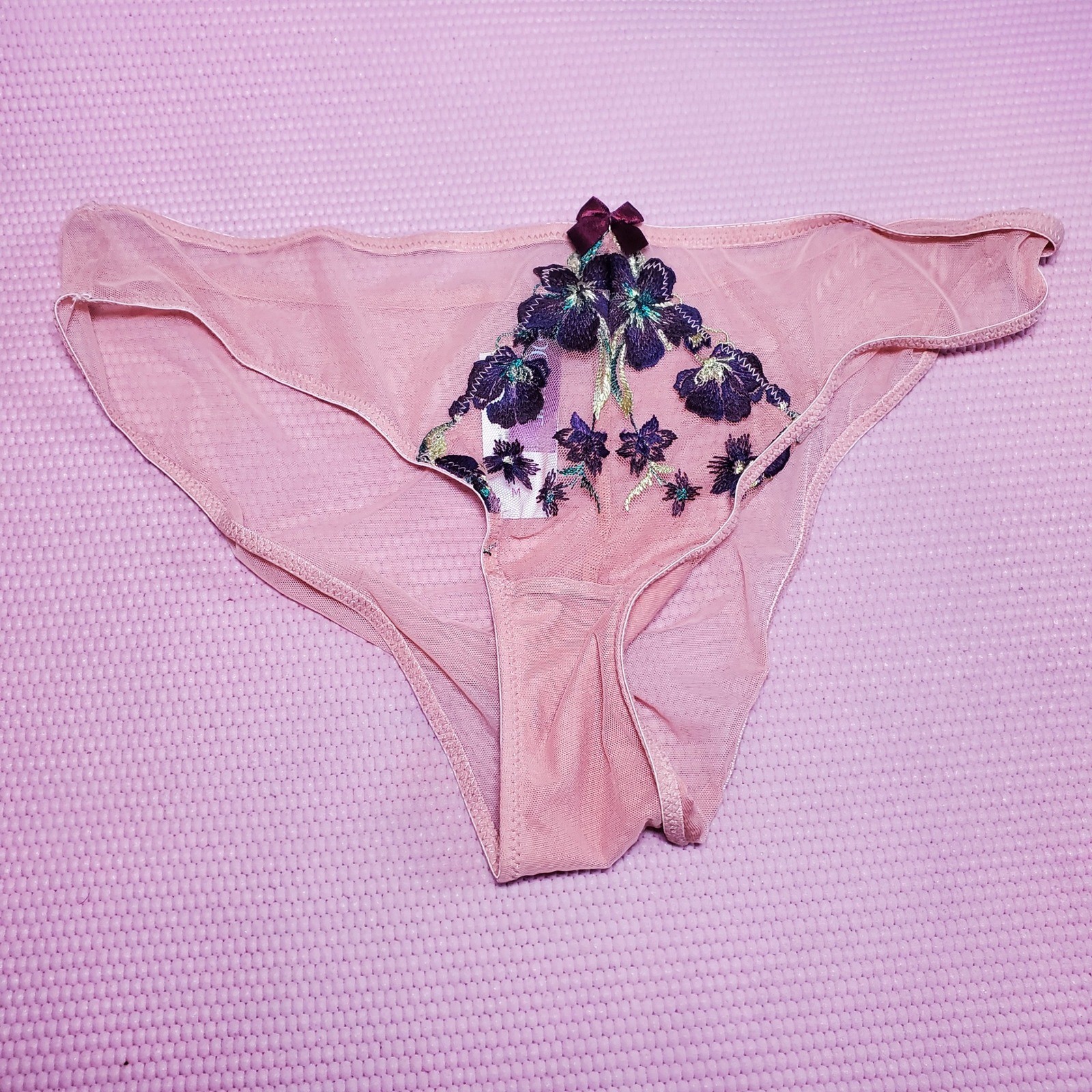Adore Me Whimsical Embroidered Floral Bikini Panty Sexy Pink Purple Mesh Size M