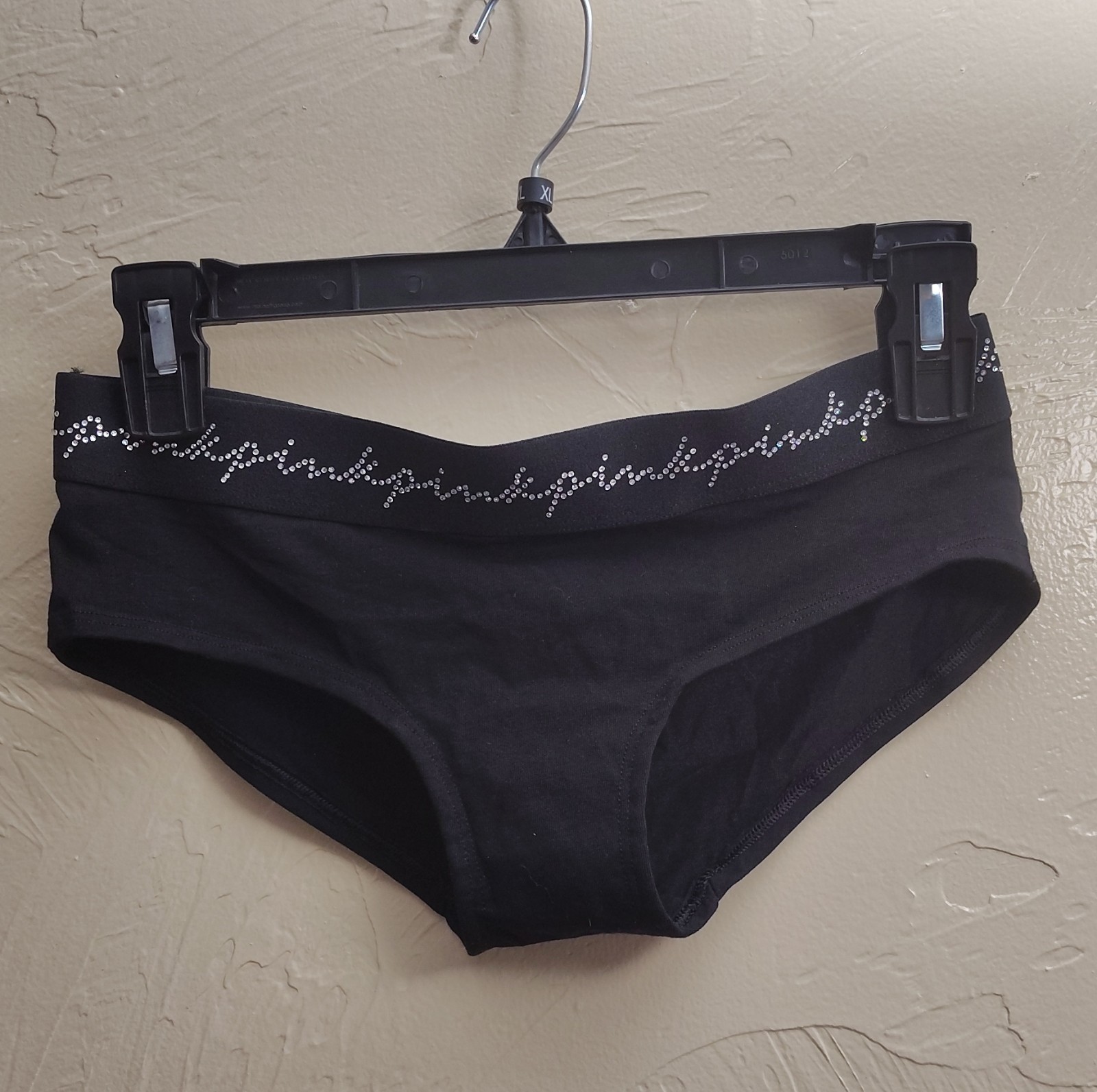 PINK Black Hipster Panties Logo Stretch Cotton M Solid Blended Fabric