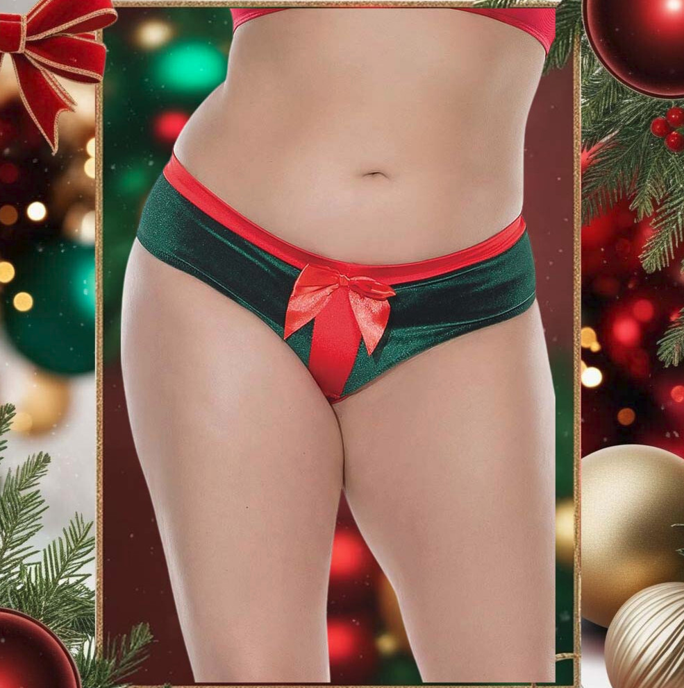 Green Velvet Present Panty Womens Plus OSXL Crotchless with Red Bow Underwear