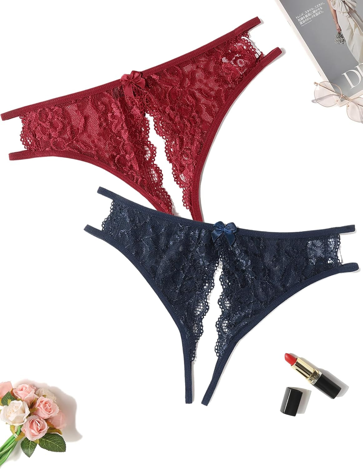 Women Lace Panties Sexy Underwear Floral Lace Briefs with Cute Bow Center