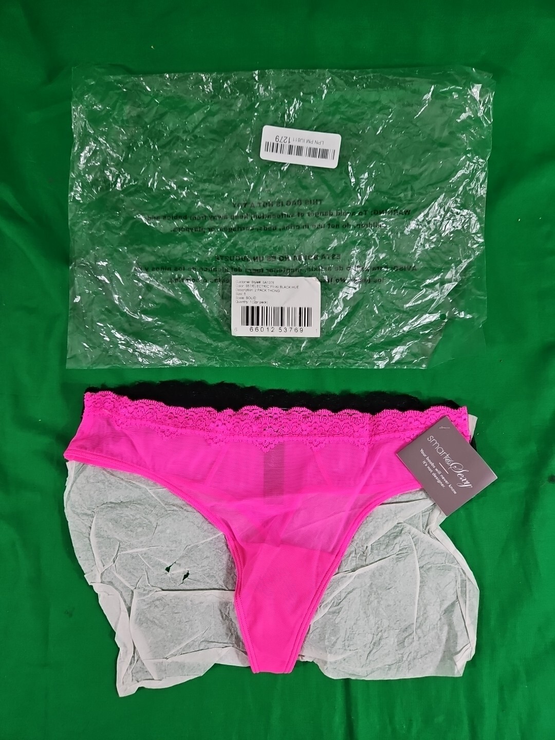 Smart & Sexy Womens Size 5 Two Pairs Pink And Black Mesh & Lace Hi Cut Thongs