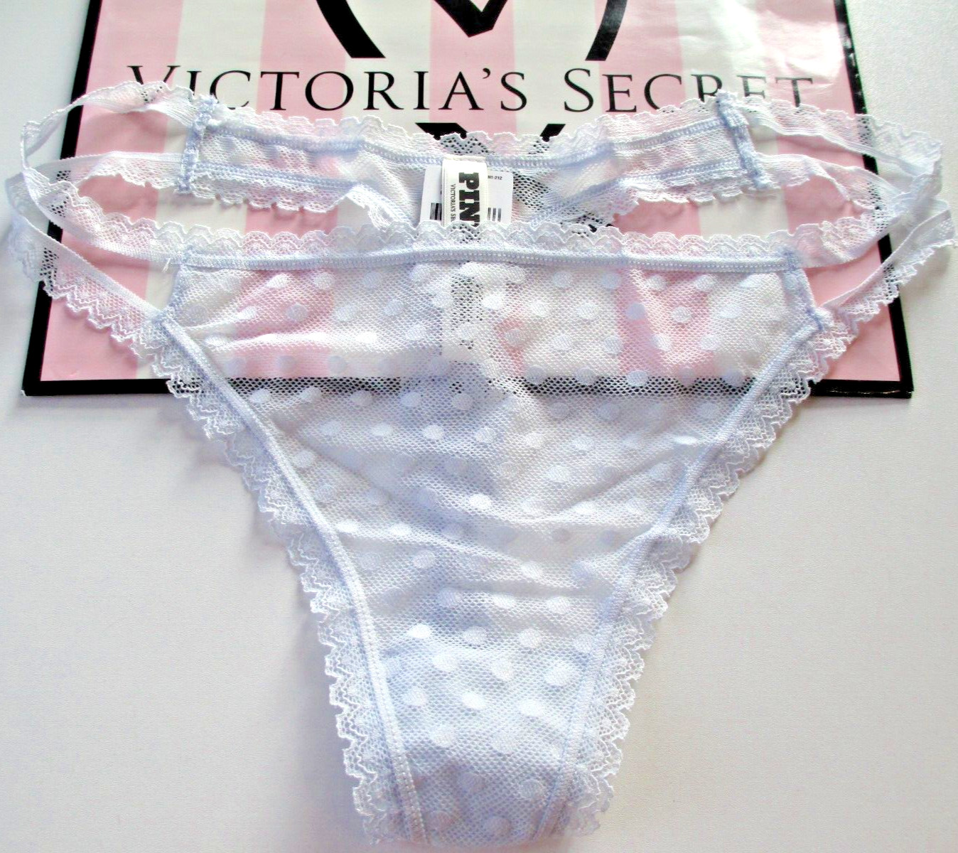 VICTORIA’S SECRET PINK Wink Strappy Thong Panty S M XL Blue Lace NWT Mesh Dot VS
