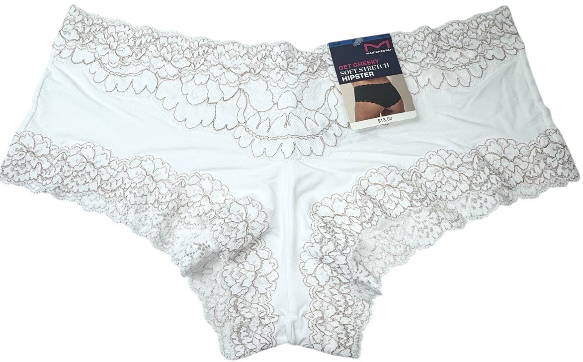 MAIDENFORM Womens Size XL 8 Scalloped Lace Cheeky Hipster Panty Gold White 40823