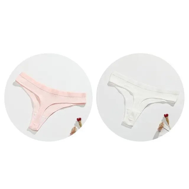 Cotton Thong Women’s Low Rise Ribbed Solid Breathable Everyday Comfort 2 Pcs Set