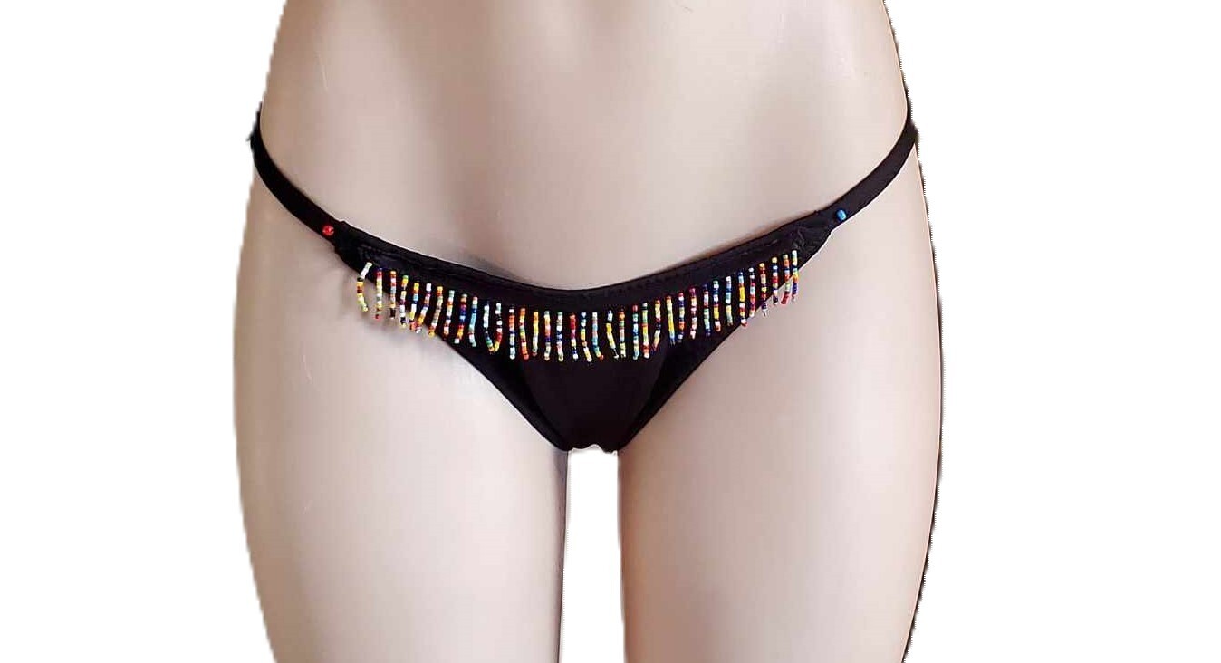 Black Multi-Color Beaded Fringe Thong