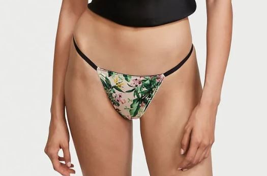 Victorias Secret Floral V-String Thong Size L-XL Love By V Logo Back Silky Front