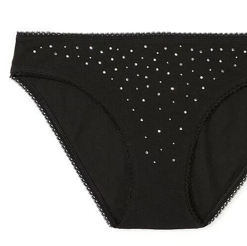 S NOIR BLACK Scatter Rhinestone Stretch Cotton Victoria’s Secret BIKINI Panty