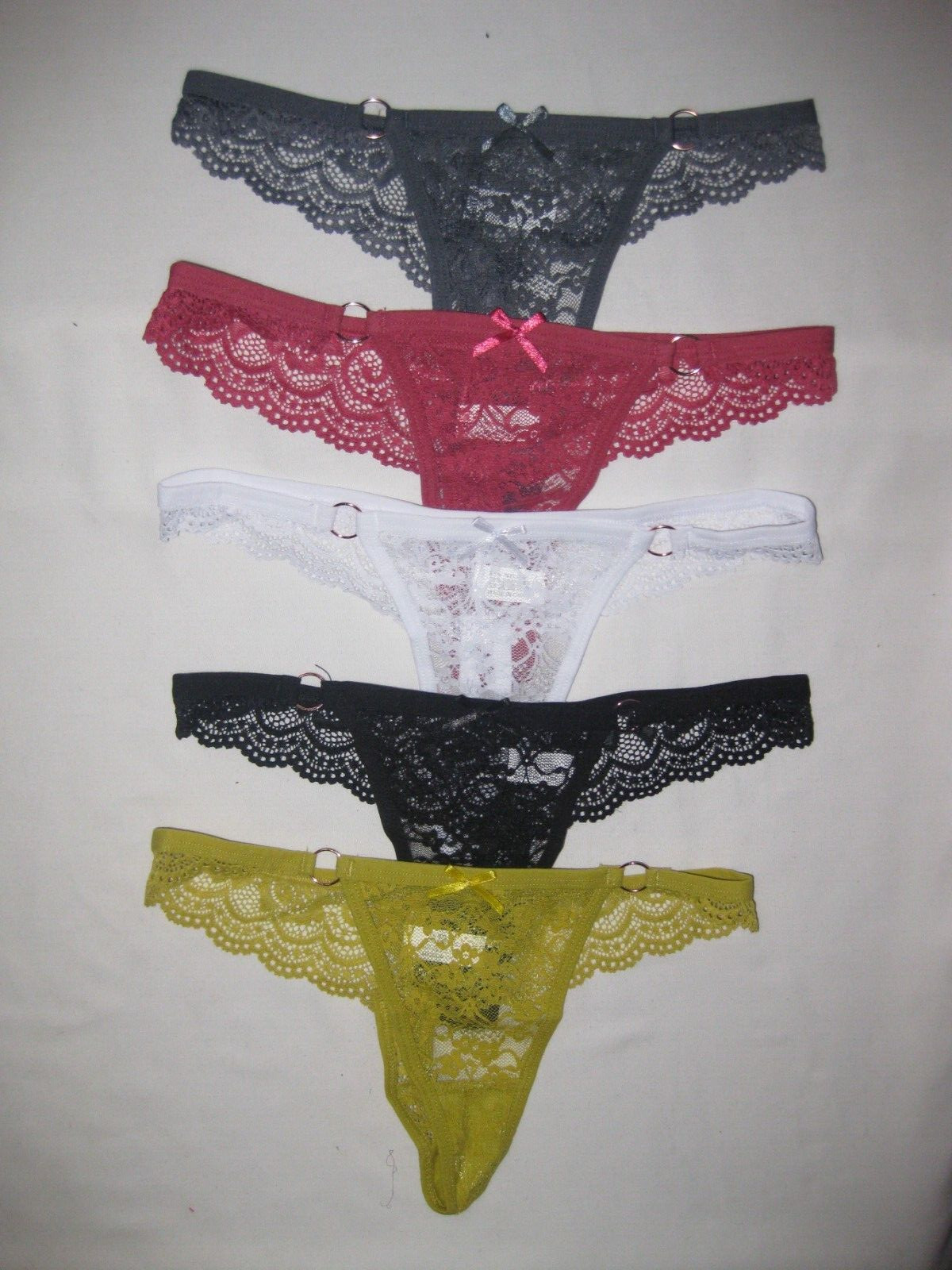 Julexy 5pk sheer lace ring side thong panties S gray/pink/black/white/yellow nip