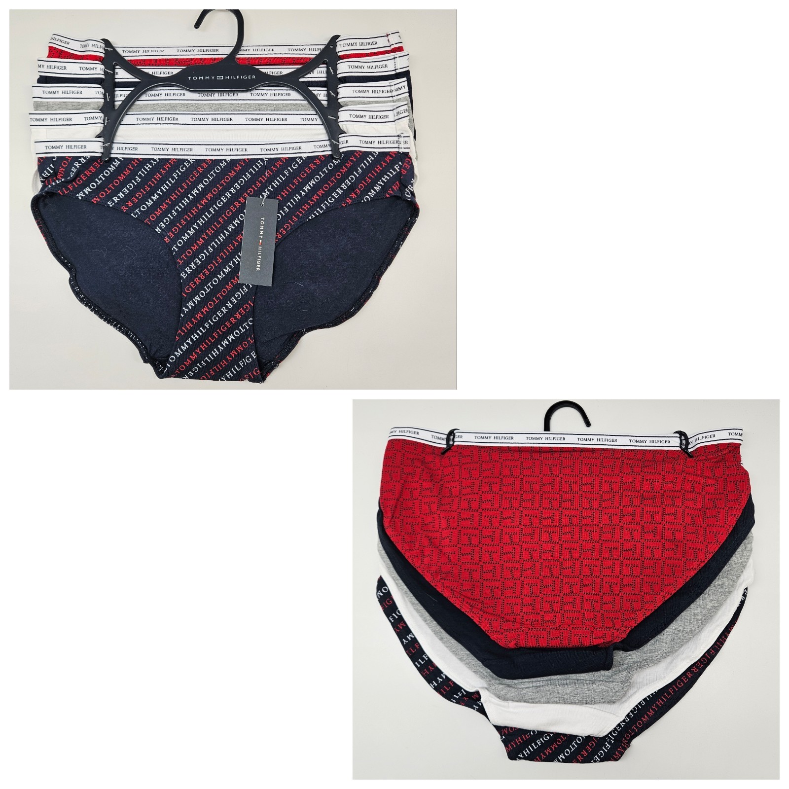 TOMMY HILFIGER 5 Pack Women’s M L Logo Cotton Bikini Panties Red Navy Gray White