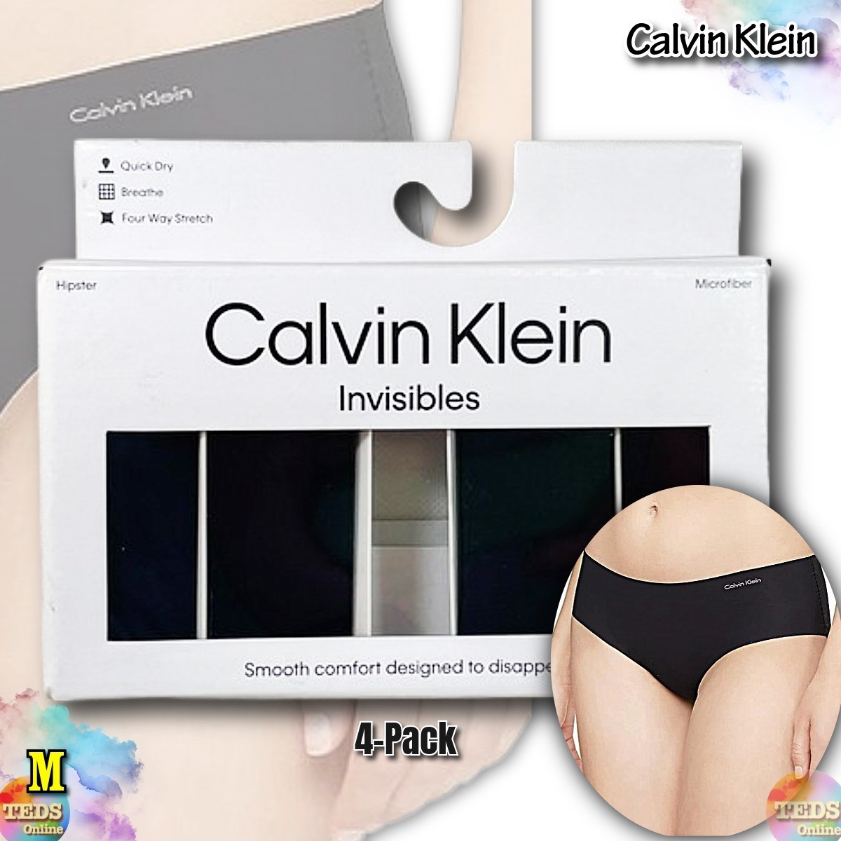 NWT 4-Pack Calvin Klein Women’s M Invisible Stretch Hipster QD3557 Black