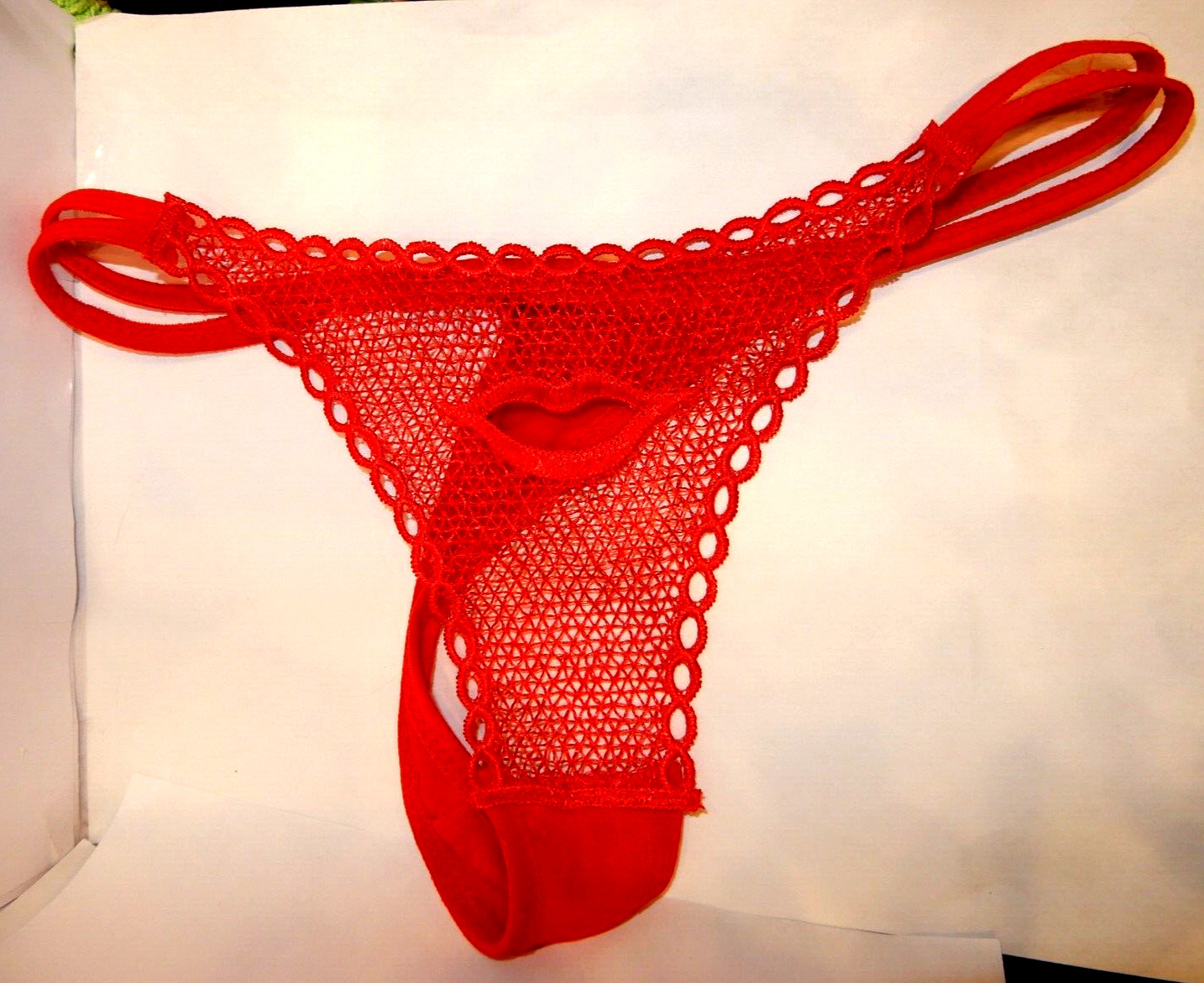 THONG PANTIES Red Lip Underwear XTRA SMALL Extra SEE THROUGH LINGERIE Netting