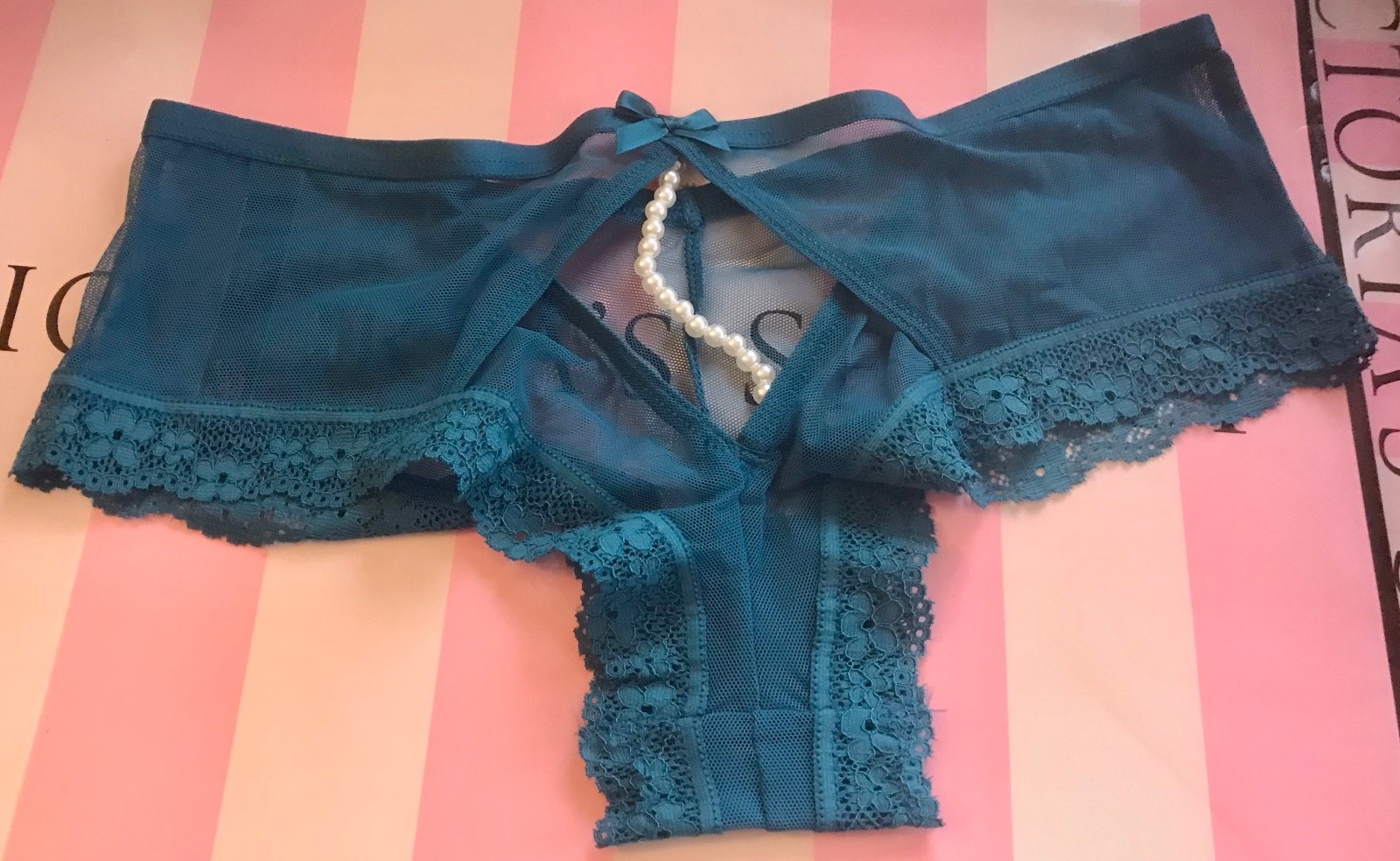 VICTORIA’S SECRET TURQUOISE SHEER MESH LACE PEARL STRING CUTOUT CHEEKY PANTIES