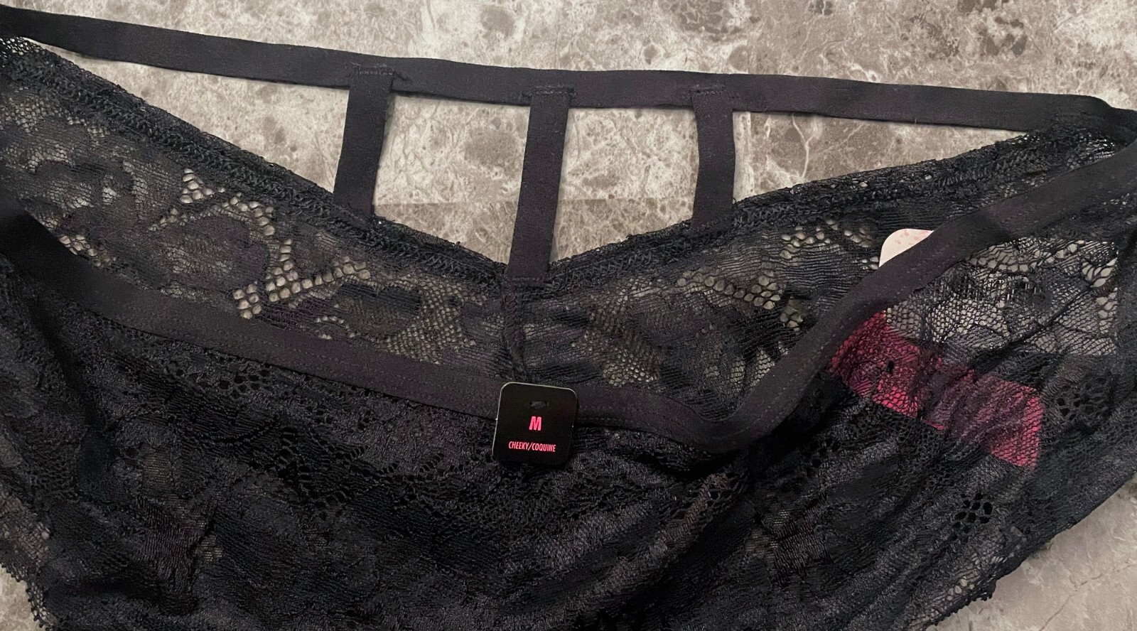 NWT LA SENZA MEDIUM BLACK VELVET FLORAL LACE MESH STRAPPY BACK CHEEKY PANTIES