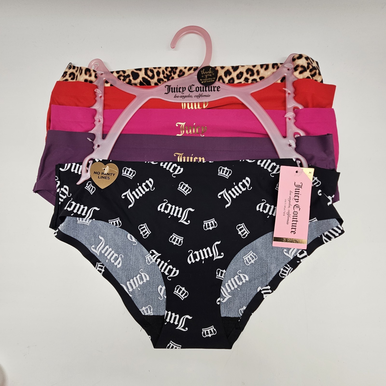 JUICY COUTURE 5 Pk Women M L XL No Panty Lines Logo Panties Beige Red Pink Black