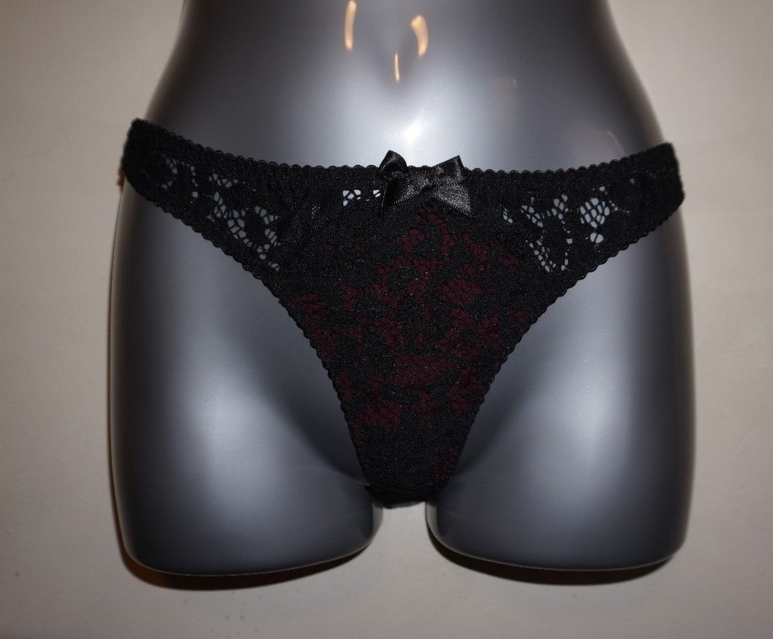 Agent Provocateur Nicolle thong black lace with dark cherry satin size 2 S NWT