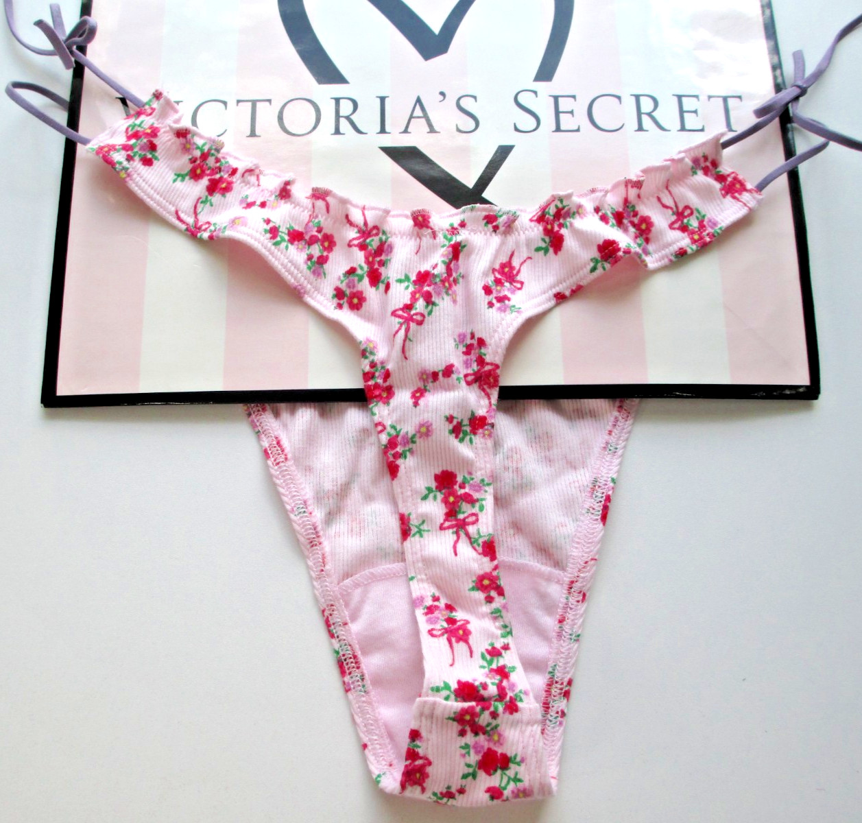 VICTORIA’S SECRET PINK Cotton High Leg Thong Panty S M L XL Tie Bow NWT Ruffle