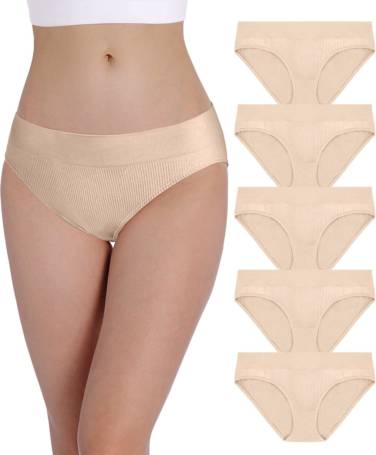 Women’s Seamless Ribbed Bikini Underwear, Stretch Cheeky No Show Nylon Panties 5