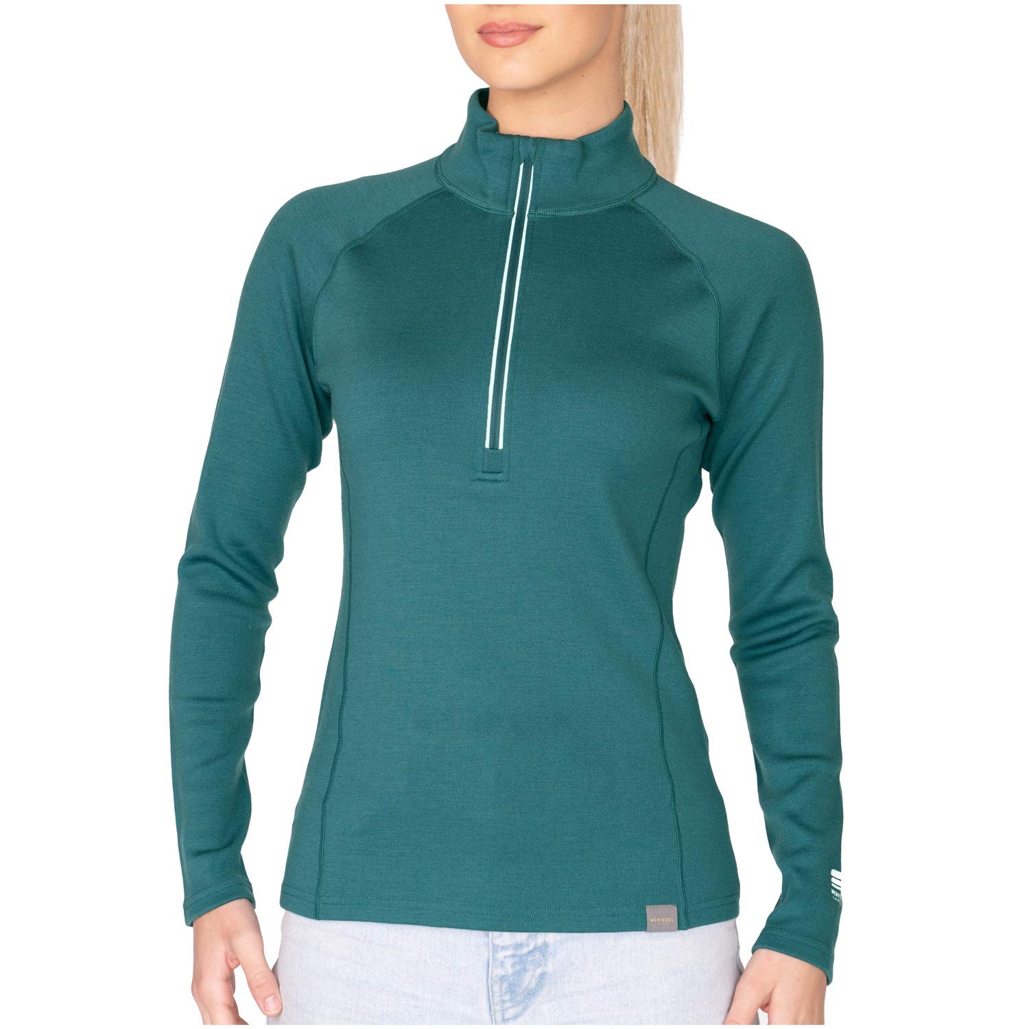 Women’s Half Zip Base Layer Top 400g Heavyweight Merino Wool Sweater Medium Teal