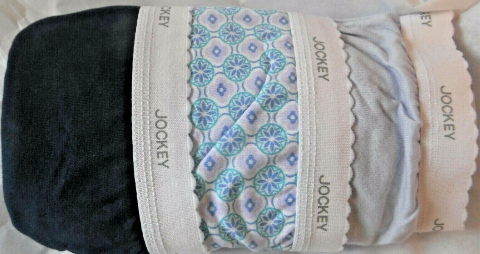 Jockey Classics 3 French Cuts white elastic waistband size 7 blue geometric mix