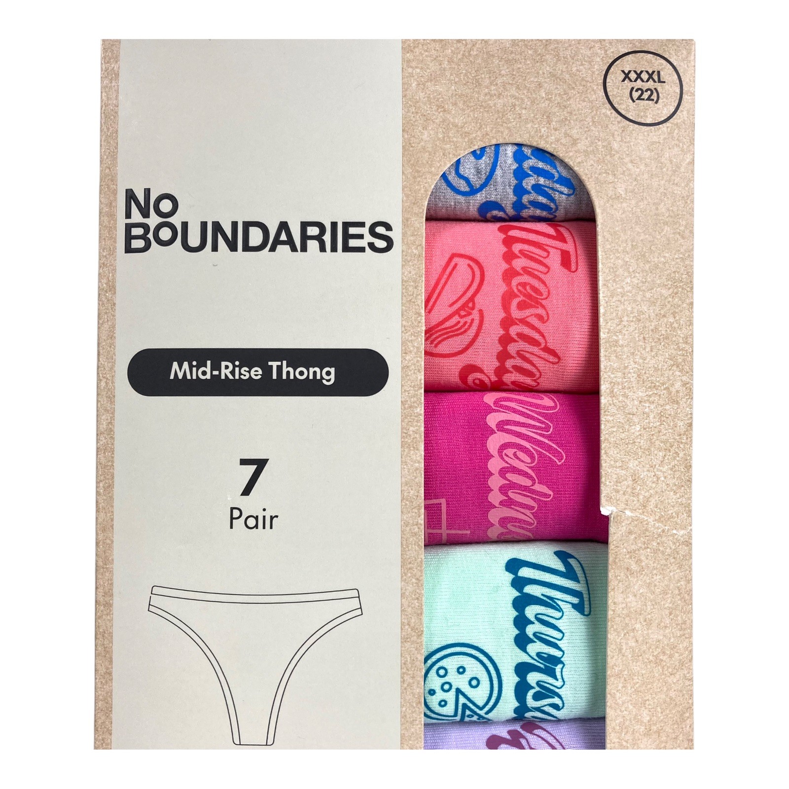 7-Pair NO BOUNDARIES Women’s XXXL (22) Cotton Thong Days Of The Week Underwear
