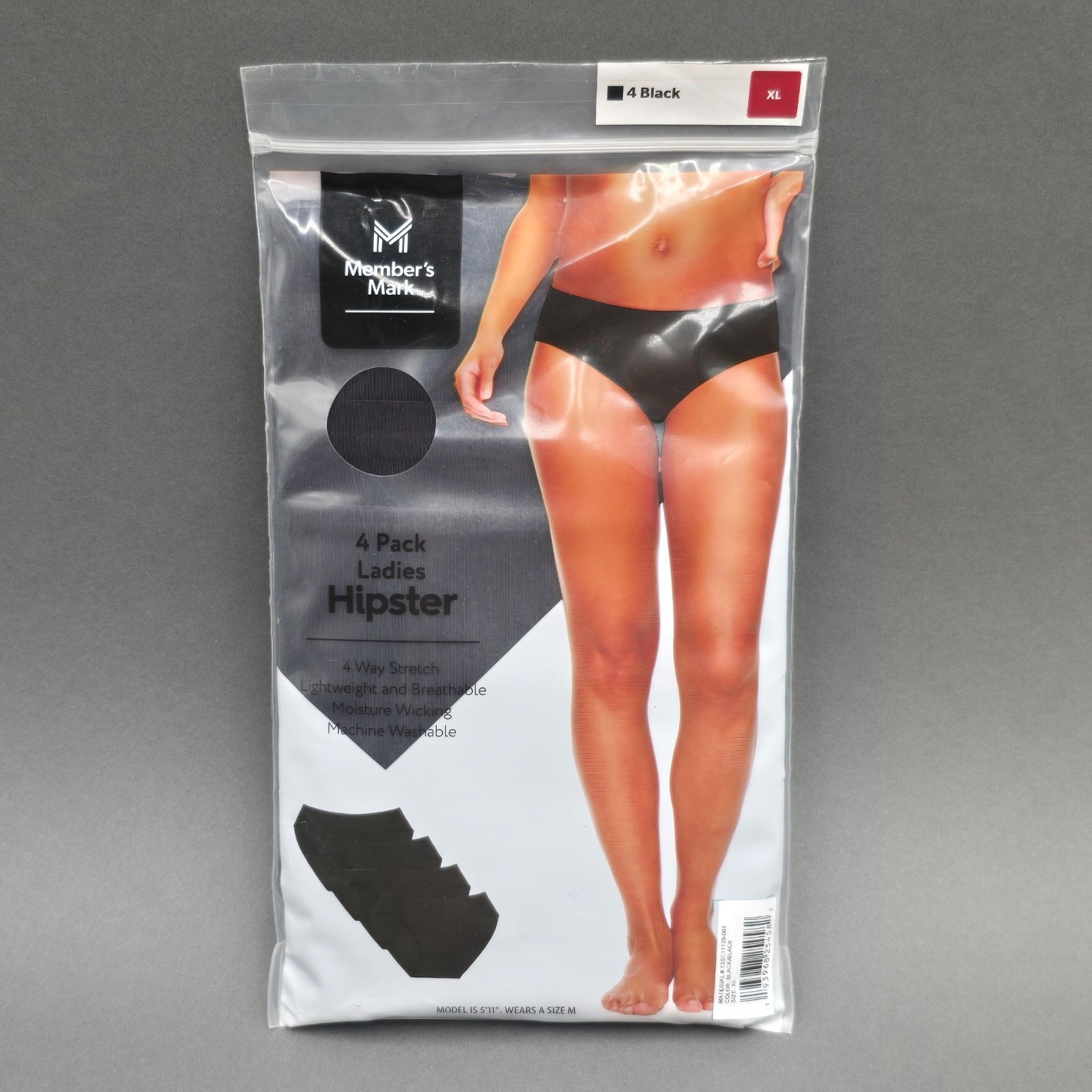 Members Mark Hipster Panties 4-Pack XL Black 4-Way Stretch Breathable