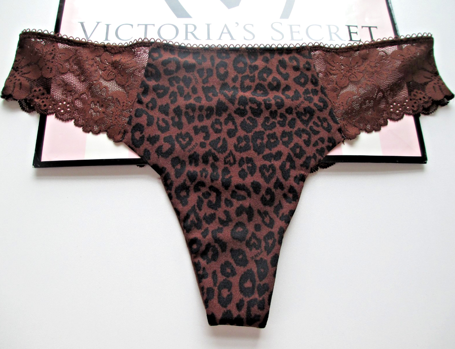 VICTORIA’S SECRET PINK No Show Thong Panty S L XL Leopard NWT Brown VS Lace Trim