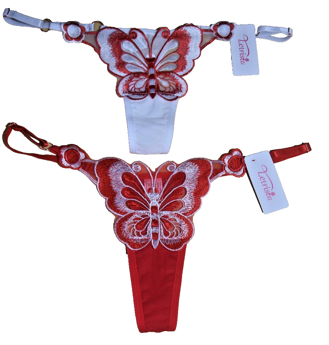 2 NWT Mesh Embroidery Butterfly Red & White Thong Panty Lot One Size