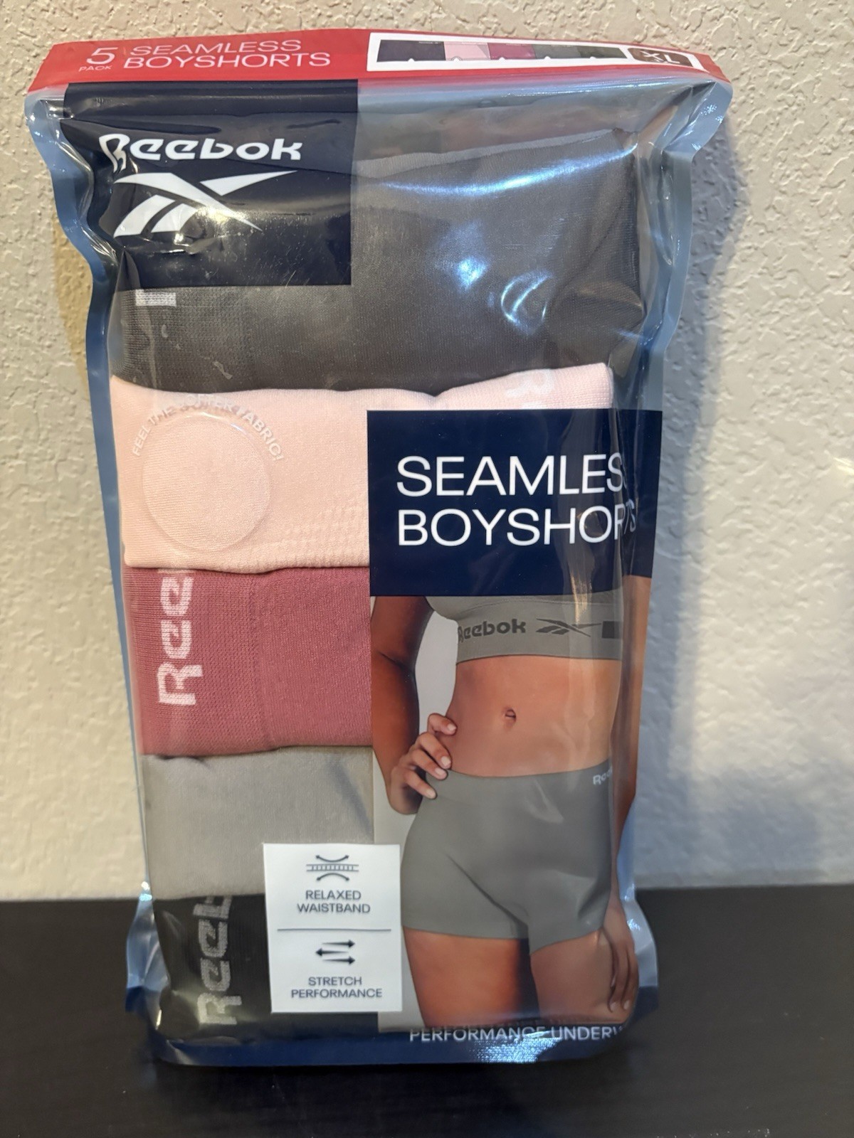 Reebok Women’s Seamless Boy Shorts, 5-Pack, Pink/Gray/Blue, Size XL (16) New