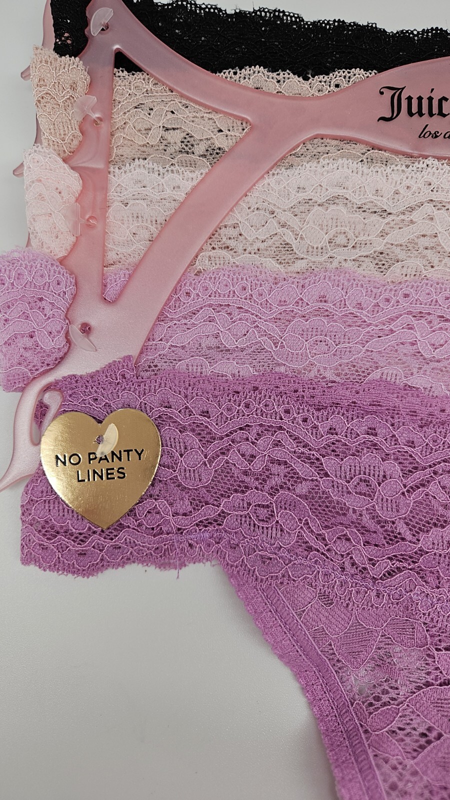 JUICY COUTURE Women’s M XL 5Pk Lace Logo Thong Panties Black Pink Beige Purple