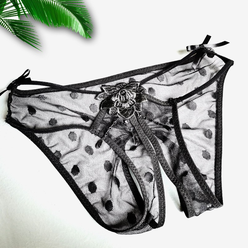 Women Sexy Polka Dot Lace Panties Crotchless Brief Sheer Mesh Cutout Underwear
