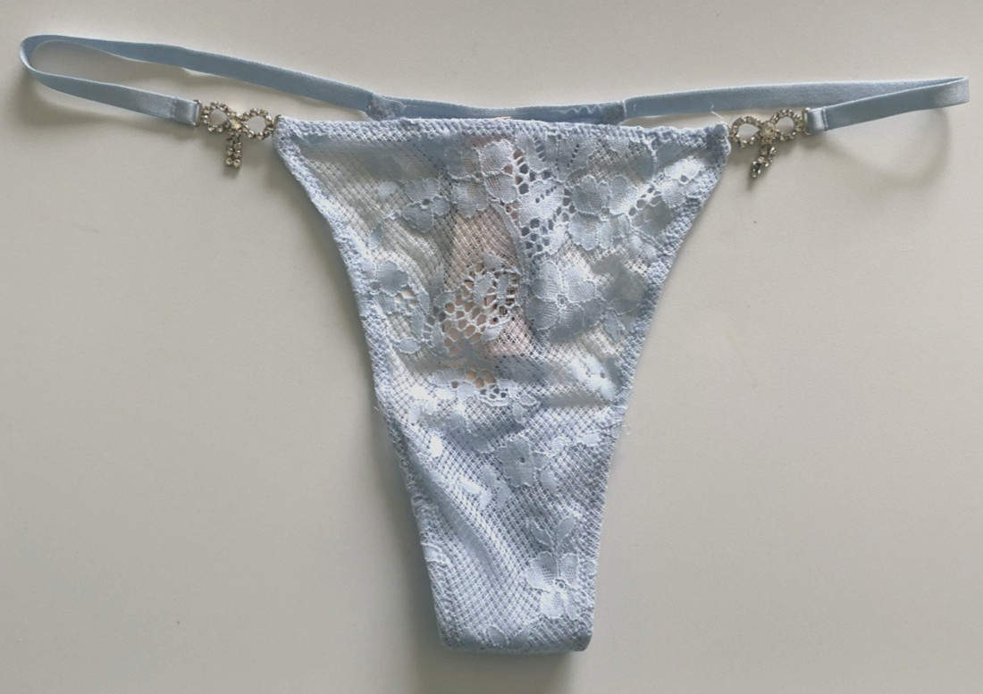 Victorias Secret Light BLue Twinkle Bow Lace Thong Panty Size M-XL Mesh Sparkle