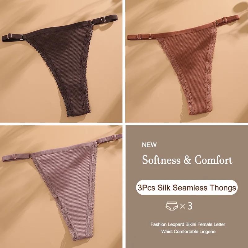 Low Rise Thong Panties Cotton Seamless Stretch Breathable Adjustable Fit 3PCS