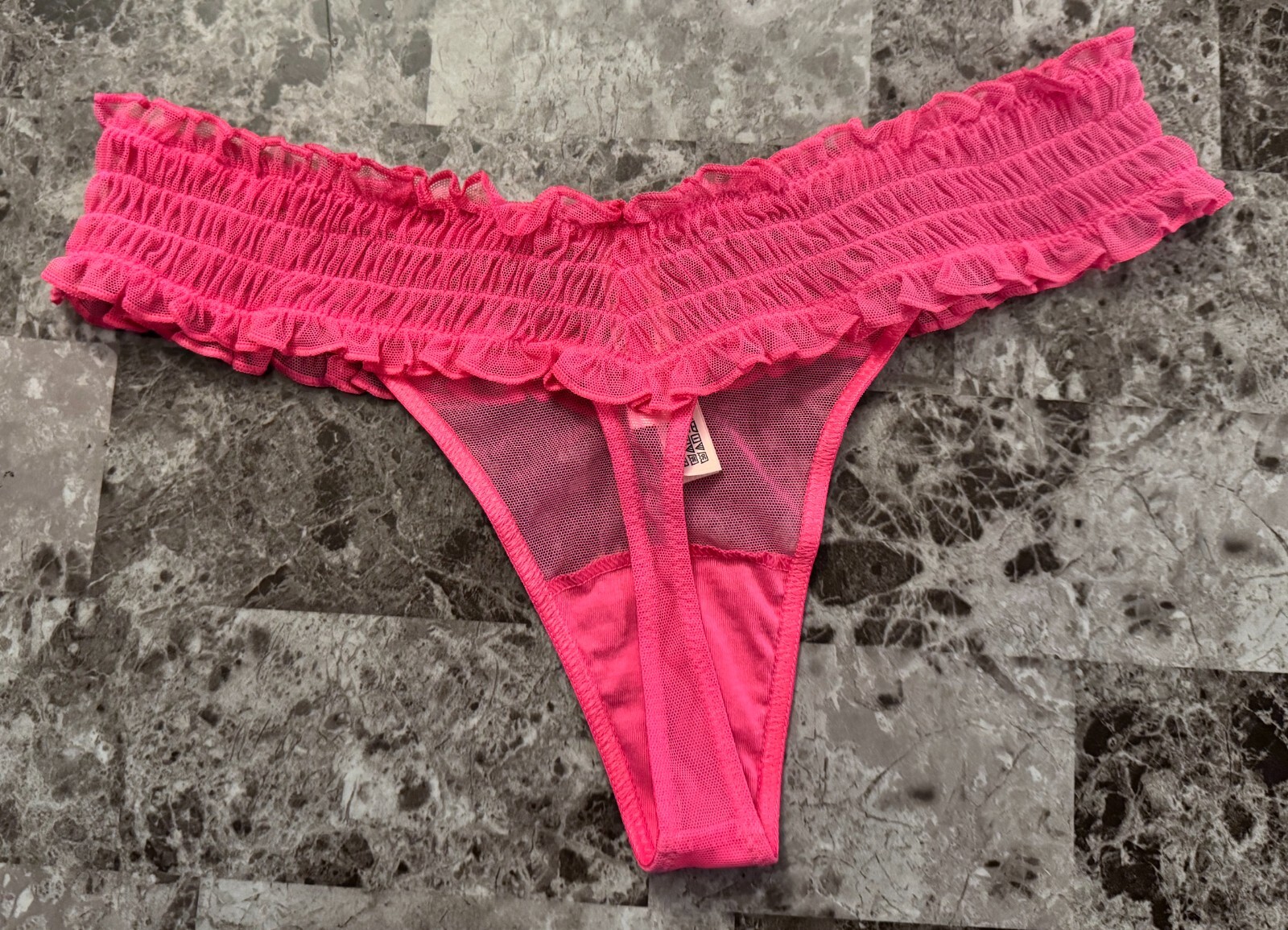 NWT VICTORIA’S SECRET PINK SHEER MESH RUFFLE SMOCKED BOW THONG PANTIES