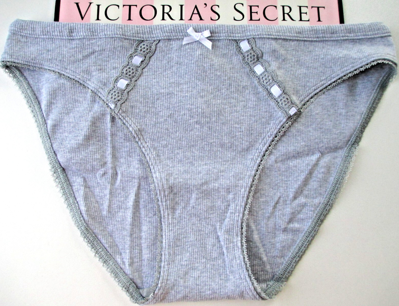 VICTORIA’S SECRET Cotton Rib Bikini Panty VS Heather Gray L XL White Ribbon NWT