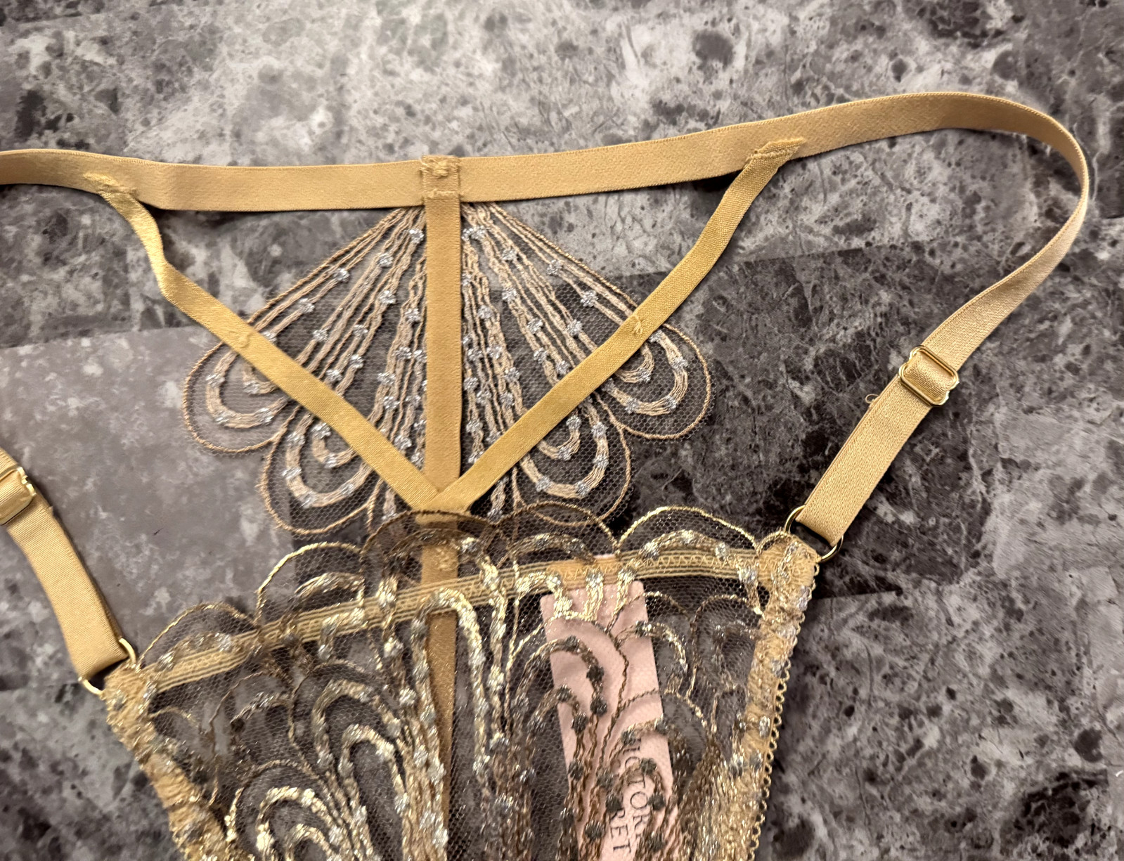 VICTORIA’S SECRET GOLD EMBROIDERED ADJUSTABLE STRAP SHOWGIRL V STRING PANTIES