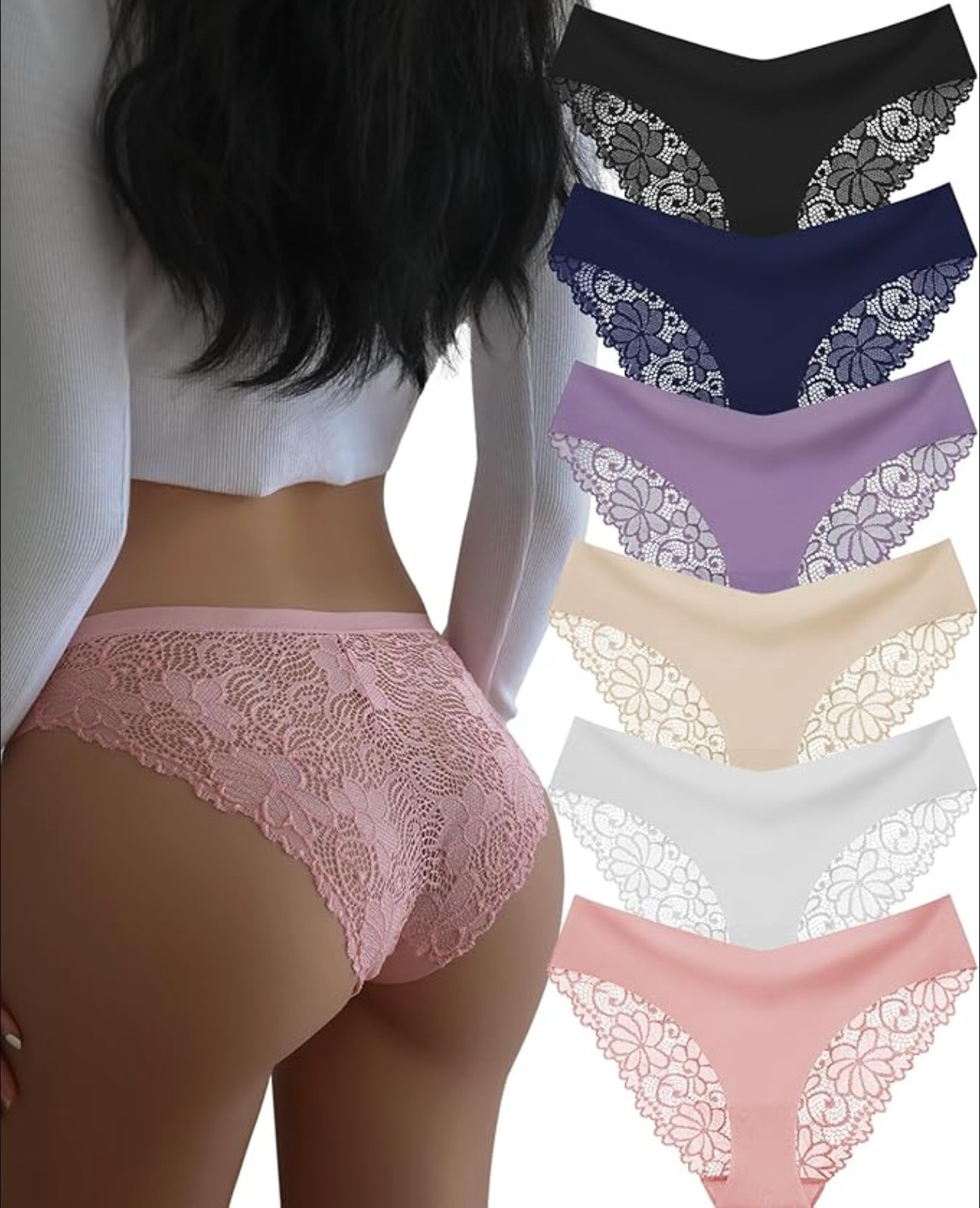Women’s Lace Bikini Briefs Seamless No Show V-Waist Panties 6 Pack