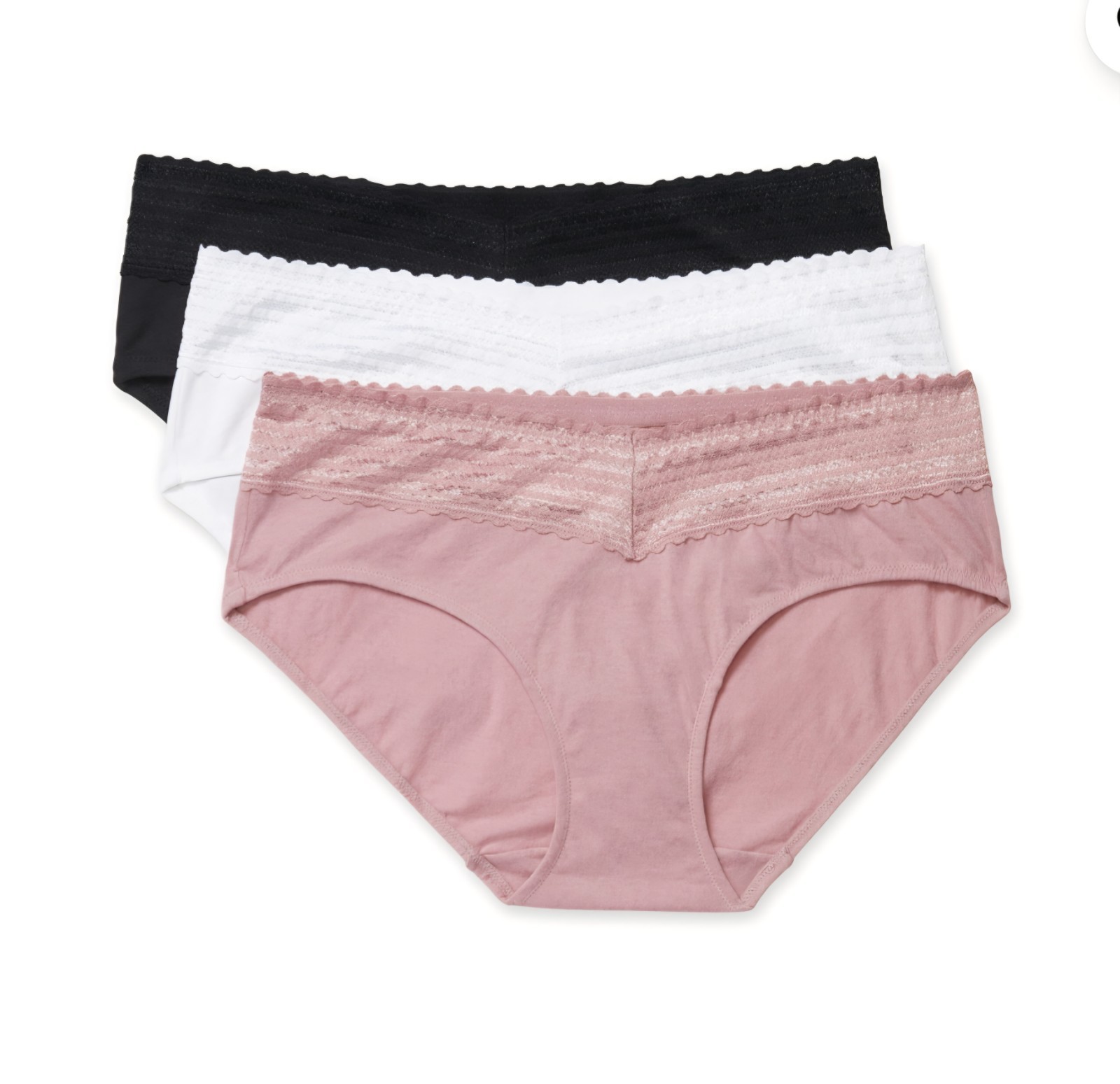 Warners Womens 3pc Dig-Free Cotton Lace Hipster Panty Set Sz S Black White Pink