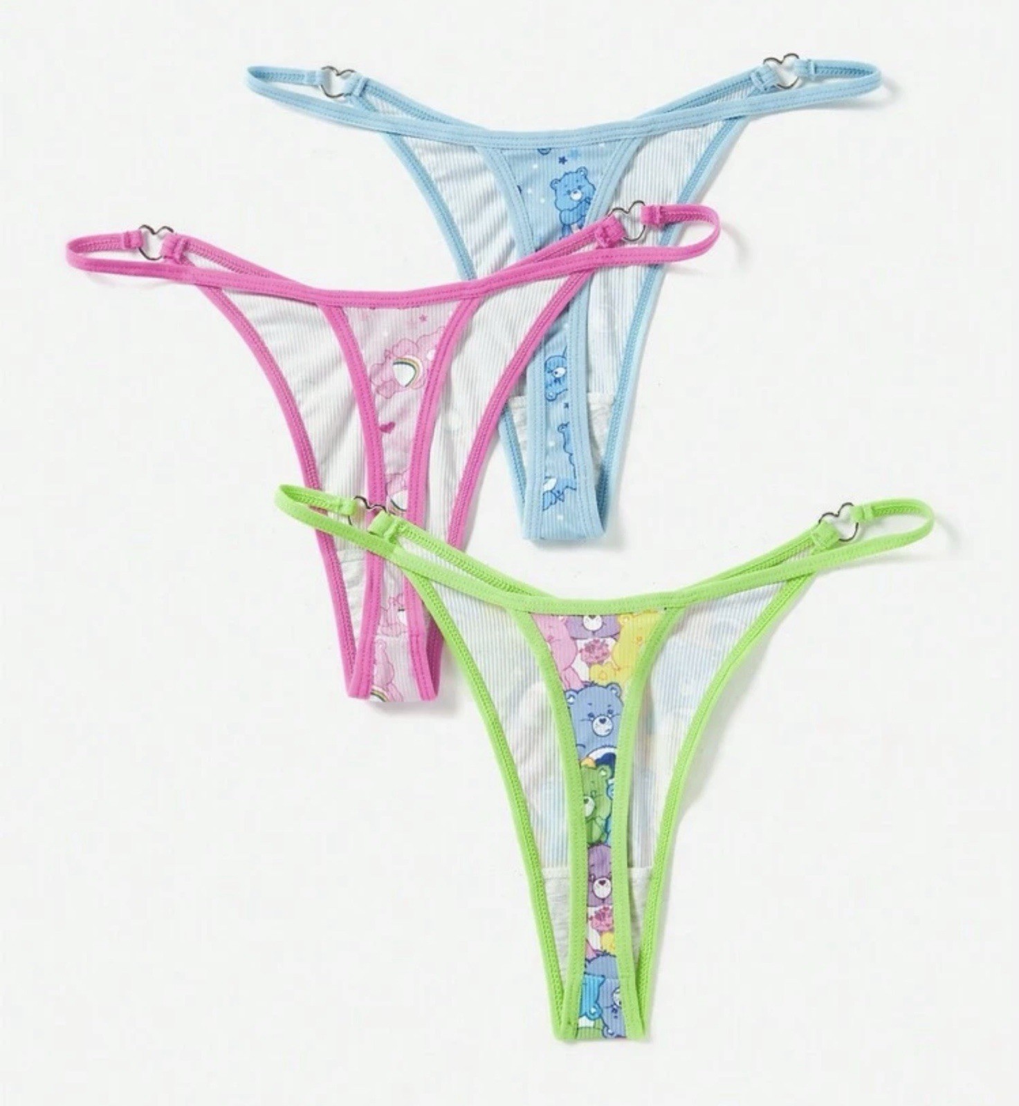 Women’s Teens Care Bears Thong Panties Kawaii Cartoon Pink Blue Green 3pk. Large