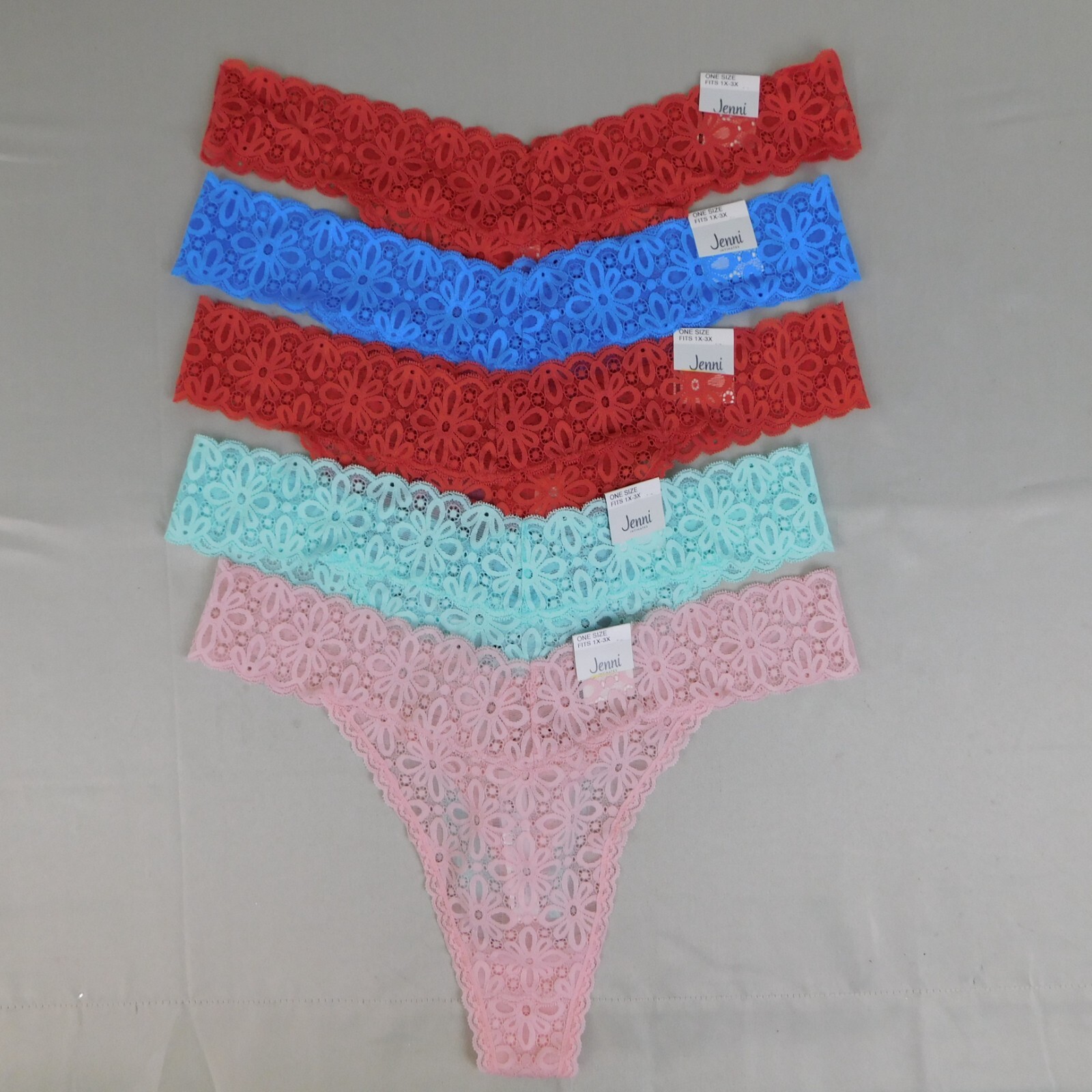 5pc Lot Jenni Nylon Floral Stretch Lace Everyday Thong Panties Women’s Plus Size